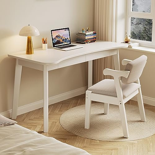 KAZUP Computertisch mit 2 Schubladen, moderner Home-Office-Schreibtisch, Arbeitstisch, gebogener Massivholz-Schreibtisch (47 Zoll, weiß)