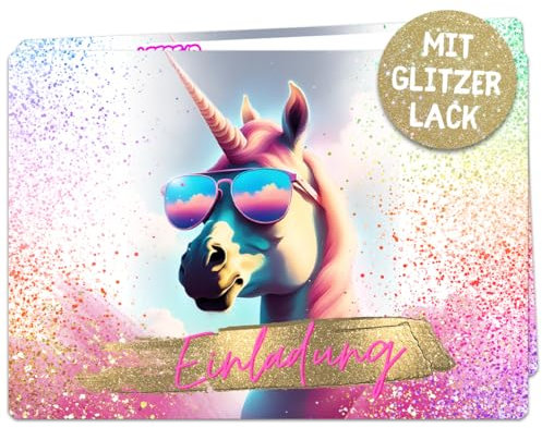 celebr8te 12x Party Einhorn Glitzer Einladungskarten - Für den Kindergeburtstag von Mädchen - coole Einhorn Geburtstagseinladungen inkl. Messenger Bild & Urlaubsgutschein