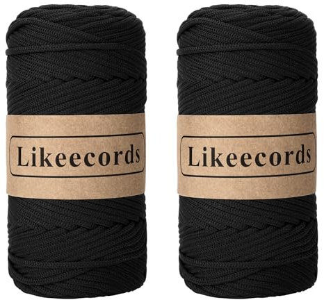 Likeecords 2 Rollen Makramee Garn 4mm x 130m Premium Polyester Kordelband Polypropylene Yarn Nylonschnur für Handwerk Häkelgarn für Taschen Wohndekorationen Umhängetasche Handtasche (Nero)