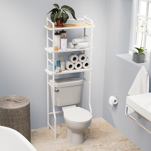 Home Zone Living 3 Ebenen über der Toilette, hohe Aufbewahrungsregale und Regal, Bambusakzent mit Stahlrahmen, Standregal für Badezimmer, Küche, Wohnzimmer, Balkon, Mehrzweck, Weiß