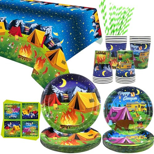 Camping-Partyzubehör – Camping-Partygeschirr – Speiseteller, Desserts, Teller, Becher, Servietten, Tischdecke, Strohhalme für Jungen, Camper, Lagerfeuer, Wald, Picknick, Abenteuer, Partyzubehör, 20