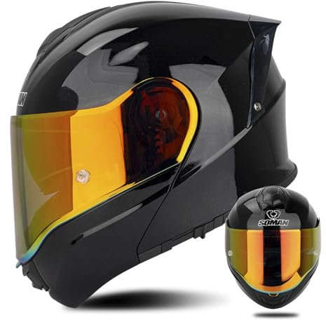 ZXJDP Flip Up Motorcycle Helmet with Tinted Visor,DOT/ECE Approved Dual Visor Full Face Motorbike Helmet,Cool Snowmobile Moped Street Bike Helmet for Men Women Unisex,Bright Black C,L