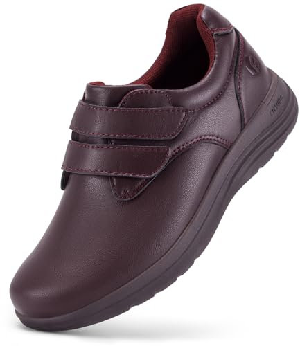 FitVille Chaussure Diabetique Femme Extra Large Chaussures Cuir Confort Chaussures Orthopédiques Scratch Chaussures de Marche Pieds Sensibles pour Pieds Gonflés Vin Rouge 37 EU Large