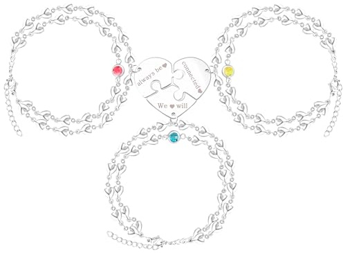JunyiDIY 3-teiliges Liebesherz-Ketten-Armband-Set für Frauen, Geschenk zum Schulabschluss, Herz, Puzzle, Freundschaftsarmband, personalisierter Name, 3 Armbänder, personalisierbar, beste Freunde