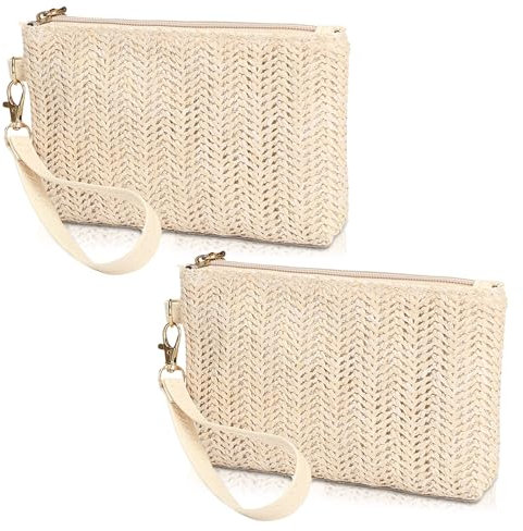 2 Pieces Straw Clutch Purses for Women, Straw Handbags, Beach Straw Clutch (White)