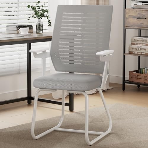 BTGGG Desk Chair No Wheels with Armrest, Chair for Home Office with Sturdy Metal Legs, Breathable Mesh Chair for Study, Computer, Reception(Grey)