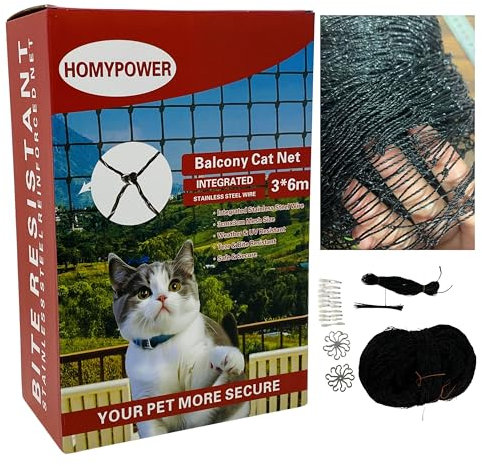 HOMYPOWER Katzennetz Balkon, Edelstahl verstärkt Bissriss UV- und witterungsbeständig Anti-Fall Netz für Haustiere, Sicherheitsnetz für Katze, kleines Catio für Wohnung Balkon Schutz (3.0x6.1m)