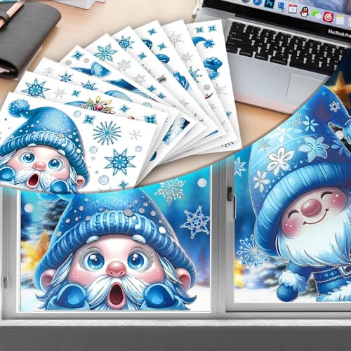 Fensterbilder Weihnachten 9 Blätter Blau Wichtel Doppelseitig Bedruckt Weihnachts Selbstklebend Fenstersticker Schneeflocken Fensteraufkleber PVC Fenstersticker Weihnachten für Weihnachtsdeko
