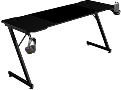 Mars Gaming MGD-X160, Bureau Gaming Ergonomique, Surface en Fibre de Carbone, Structure Métallique, Tapis de Souris XXL, Supports Casque et Boissons, Gestion des Câbles, Bureau Gaming 160x60cm, Noir