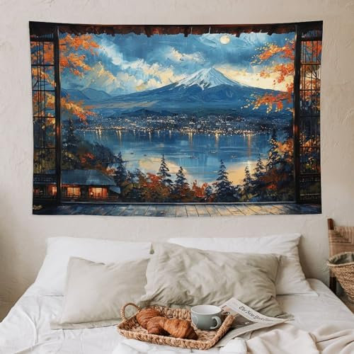 Tapisserie Landschaft Berge Holzhaus Blau Stil Deko Wandbehang Groß Wandtuch Für Balkon Zimmer Room S