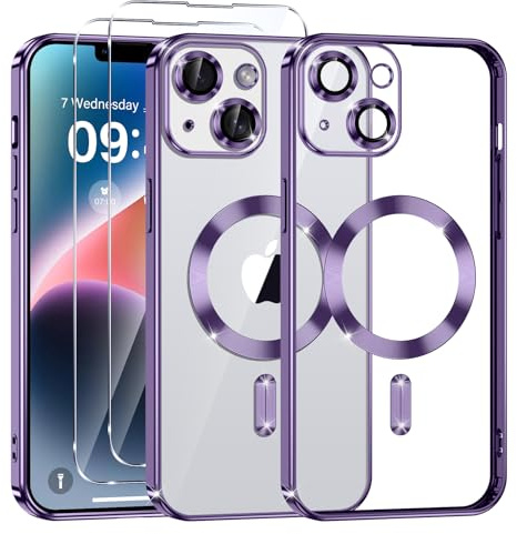 Phoona Cover Placcatura per iPhone 14 6,1 Pollici, Obiettivo per Fotocamera Protezione Completa e 2 × vetro temperato, Compatibile con MagSafe Ricarica Wireless, Protezione Militare, Viola