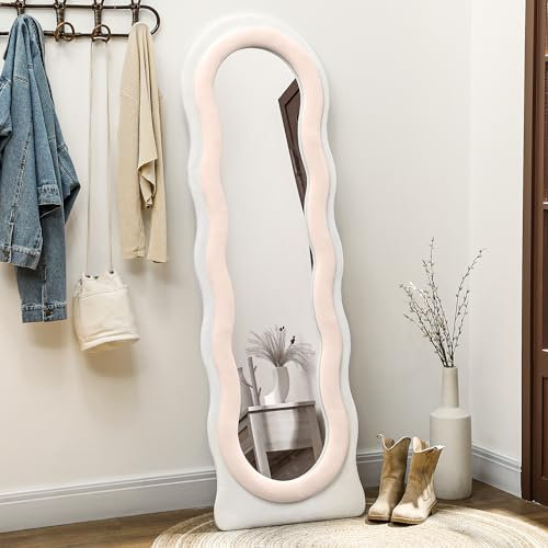HOMCOM Wavy Mirror Full Length, 160 x 50cm Free Standing, Leaning or Wall Mirror with Frame and Arched Top for Living Room, Bedroom, White and Pink