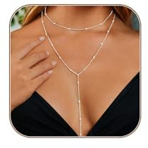 Hebterrka Halskette Damen, Feine Lange Kette 14k Vergoldet/Silber Y-Form Schicht Beaded Kettenanhänger Damen Trendige Einfache Goldschmuck Schmuck für Frauen, Geschenke