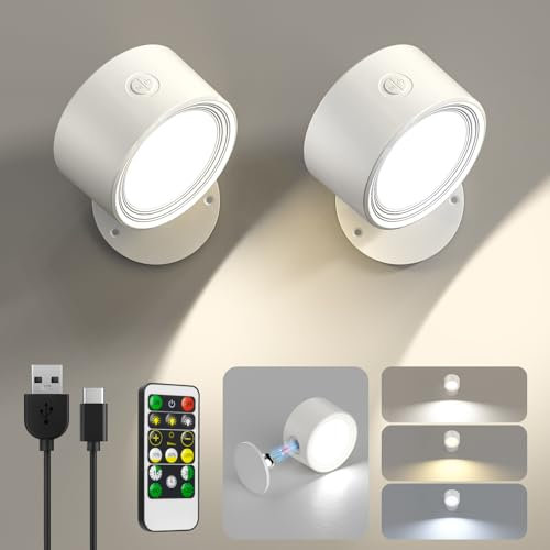 LED Akku Wandleuchte Innen, 2 Stück Wandlampe ohne Stromanschluss Wandlichter, 3 Farbmodi Kabellose Nachttischlampe mit Fernbedienung, 360° Aufladbare Wand Lampe für Kinder Wohnzimmer Schlafzimmer