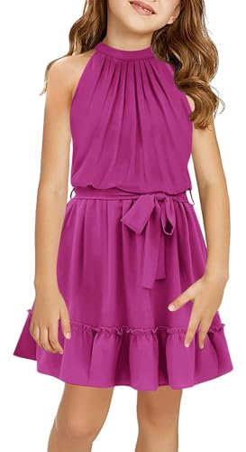 Halomoning Robe Fille Sans Manches Simple Classique Casual Longueur Genou pour Enfants Été Princesse Fête Mariage Cravate Taille A, rose-1, 13-14 ans