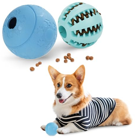DEWEL 2 Stück Hundeball, 7cm+8cm Futterball Hund für Kleine Mittelgroße | Welpenspielzeug Futterball, Belohnungssystem, Interaktives Futterball Hund, Zahnreinigung Spielzeug, Grün Blau