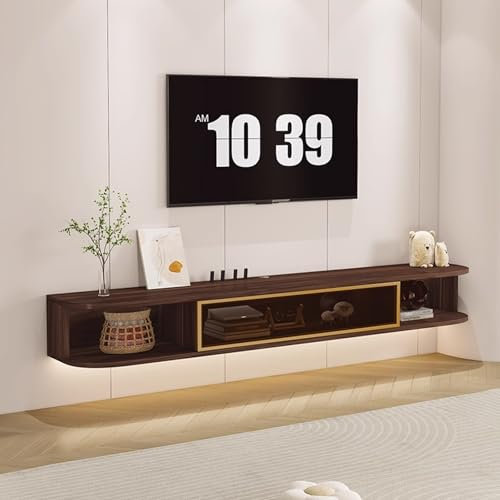 DEOPXF Meuble TV Suspendu Design Suspendu Gain de Place Porte en Verre Trempé Portes D'armoire Rabattables Meuble TV Bas Coins Arrondis(Walnut+Gold Frame,180cm)