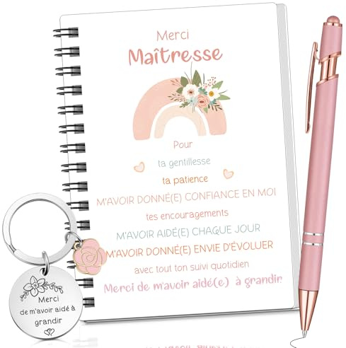 Sinmoe 3 Pièces Cadeau pour Maitresse Institutrice d'École 1 Carnet à Spirale 1 Porte Clés 1 Stylo à Bille Cadeau Merci de m'Avoir Aidé à Grandir pour ATSEM AESH Fin d'Année(Fleurs et Arcs en Ciel)
