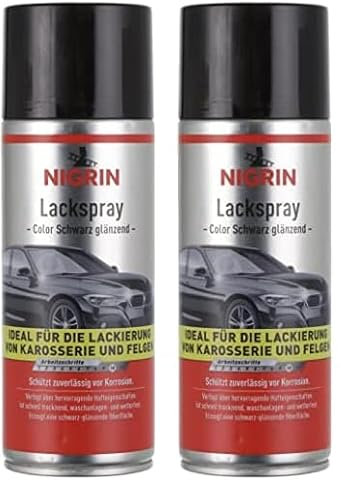 NIGRIN Lackspray, 400 ml, schwarz glänzender Autolack, schützt Felgen und Karosserie vor Rost, schnell trocknend (Packung mit 2)