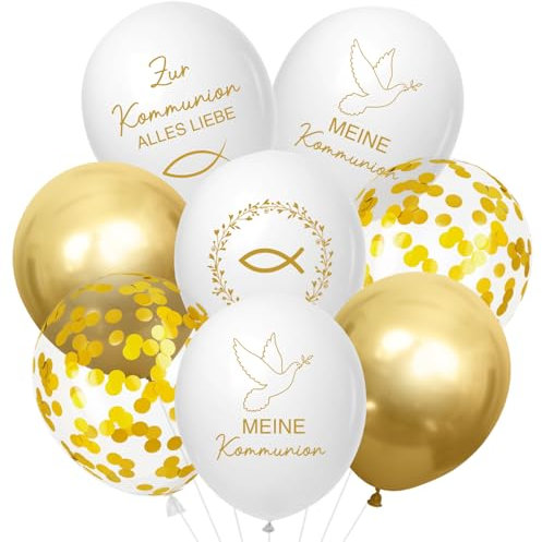 Cadimus 30 Stück Kommunion Luftballons,5 Design Kommunion Deko Mädchen Junge, Helium Ballons Taufe,Fischmotiv,Taubenmuster und Blätterkranz,Weiße und goldene Taufballons Dekoration