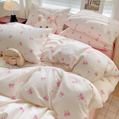 Covebett Bettwäsche Baumwolle 135x200 Mädchen Weiß mit Rosa Schleifen Herz Kawaii Bettbezug Set Aesthetic Rosa Herzen Schleifenmuster Deckenbezug mit Reißverschluss und Kissenbezug 80x80cm