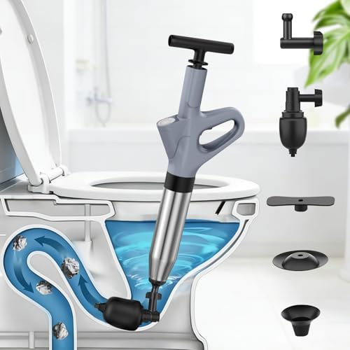 Rohrreiniger Druckluft Abflussreiniger Pumpe mit Drucklufttechnologie Der Pömpel Toilette für rohrfrei Ergebnisse mit Luftkompressions-System, integrierter Druckanzeige und 4 Saugnäpfen Grau