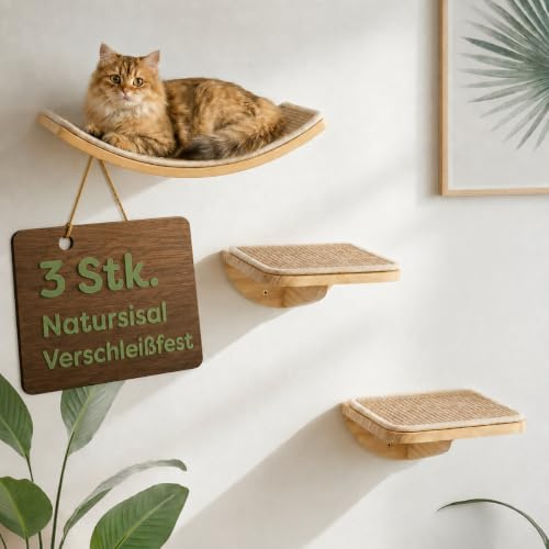 Cat Climbing Frame Set with Scratching Mat, Wall Mounted Cat Furniture Set with 2 Steps and Curved Platforms, Wooden Cat Shelves for Sleeping and Playing