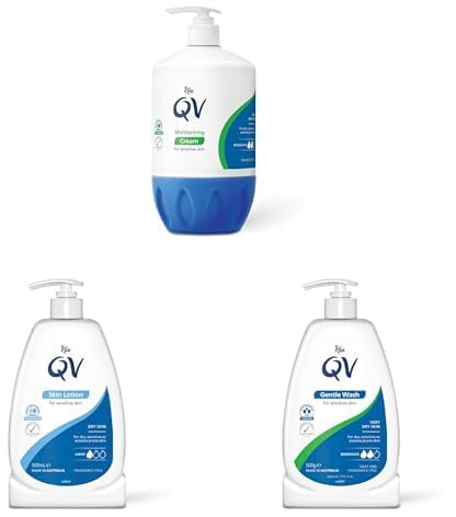 QV Skincare Bundle for Eczema, Dry Skin & Dermatitis – Gentle Wash, Skin Lotion, Moisturising Cream – Soap-Free, Fragrance-Free, pH Balanced, Sensitive Skin Moisturiser Set