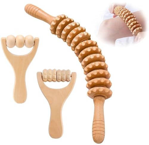 Faszienrolle Holz, Set mit 3 Stücken Massageroller Holz, Faszienstab mit Griff, Massage Roller Multifunktional Massage Tool, Massageroller für Plastisch, für Rücken, Nacken, Beine