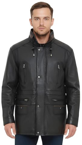 Men’s Classic Leather Suede Parka Jacket – Soft Supple Overcoat with 6 Pockets & Drawstring Collar
