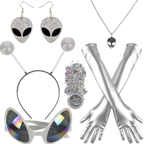 Nerien Alien Kostüm Set für Damen - 7 Stück Weltraum Alienkostüm Erwachsene, Frauen Ausserirdische Kostume mit Haarreif Alienbrille Ohrringe Handschuhe Halskette Glitzer
