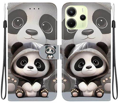 YUEQIAN Hülle für Xiaomi Redmi Note 14 4G, Süßer Panda Brieftasche Klapphülle Kreditkartenfächern & Standfunktion Handyhülle mit Schlüsselband Schutzhülle (Panda)