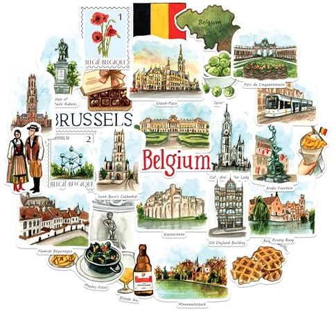 Navy Peony Belgien Sticker-Set – großformatig, handillustrierte Aquarell-Motive, glänzend & wasserfest – für Koffer, Laptop & Wasserflasche (28-teilig)