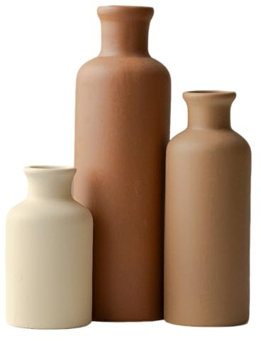 Keramik Vasen 3er-Set, Earth Tone, Kleine Blumenvasen für Pampas Gras und Getrocknete Blumen, Moderne Rustikale Bauernhaus Deko für Regal, Tisch, Bücherregal (Earthtone mit Geschenkbox)