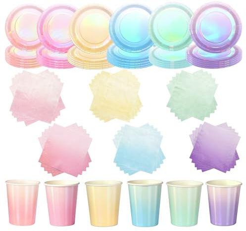 90P Colorful Laser Foil Party Tableware Set,Multicolor Sparkling Party 30 Paper Plates 30 Napkins 30 Cups for Birthday,Colorful Dinner Plates Luncheon Napkins Paper Cups for Baby Shower Wedding Deco