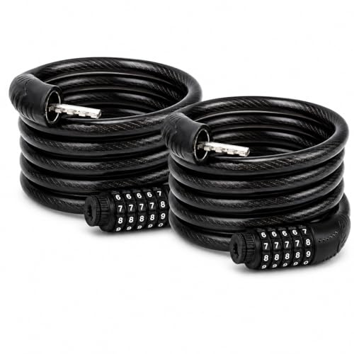 Fabulouz Bike Lock 2 Pack, 5 Digit Combination Cable Locks, 1 m Black | Keyless coiled steel design, For bicycles, scooters, strollers, gates and garden equipment
