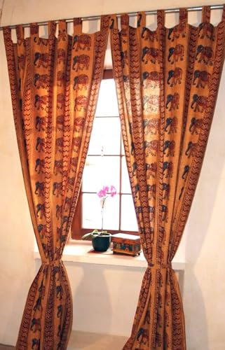 GURU SHOP Boho Vorhänge, Gardine (1 Paar) mit Schlaufen, Handbedruckter Ethno Style Vorhang - Elefant/Gelb, Baumwolle, 290x100x0 cm