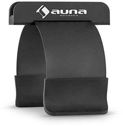 auna SmartHold - Tablet und Smartphone-Halterung aus Metall, Montage an röhrenförmigen Lautsprechern, kraftschlüssige Verbindung, geringes Gewicht, gummierte Stand- & Ablageflächen, schwarz