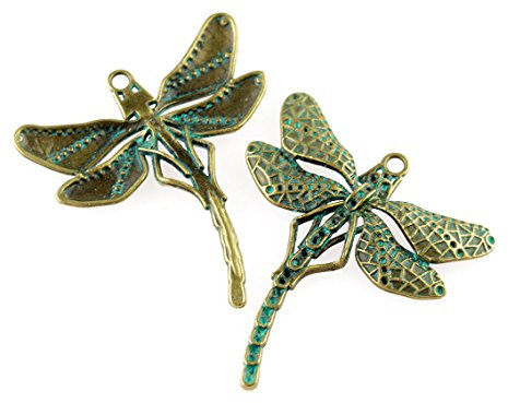 Vintageparts Anhänger als Libelle in antik bronzefarben grün patiniert 2 Stück, DIY-Schmuck, Patina, Lilbellenanhänger