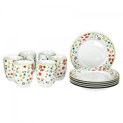 van Well Vario Frühstücksset 12-teilig Kombi-Service 6 Personen - Geschirr-Set Kaffee, Frühstück & Tafel - je 6 kleine, flache Frühstücksteller & Kaffeebecher aus Porzellan - Flower-Design