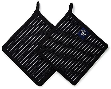 Encasa Homes 21 cm Oven Microwave Potholders (2 pc Set) for Kitchen Cooking & Baking - Heat Resistant, Thick & Safe, Protection of Hands from Hot Utensils - Butcher Stripes Black
