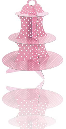 Vetrineinrete® Alzatina per Muffin a 3 Ripiani con Pois in Cartone Supporto per Cupcake Dolci Stand espositore Alzata per pirottini tortini pasticcini per Nascita Battesimo confettata M1 (Rosa)