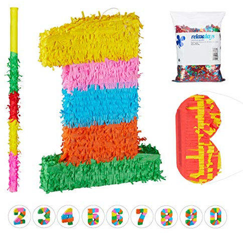 Relaxdays 4 TLG. Pinata Set Geburtstag Zahl 1, XXL Konfetti Sack, Pinatastab mit Augenmaske, Geburtstagspinata, Stock & Maske, bunt