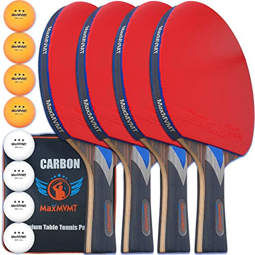 MaxMVMT Ping Pong Paddel-Set – 7-lagige Karbonfaser – komplettes Tischtennis-Set für 4 Spieler – Premium-Gummi 2,1 mm für extra Spin – attraktive tragbare Tasche – 8 belastbare 3-Sterne-Bälle