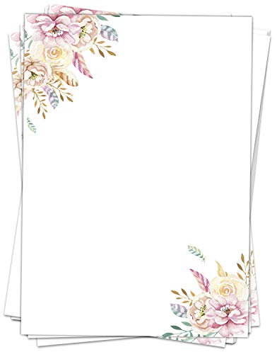 50 Blatt Briefpapier (A4) | Rosa Federn Blumen | Motivpapier | edles Design Papier | beidseitig bedruckt | Bastelpapier | 90 g/m²