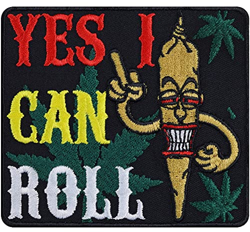Hanfblatt Aufnäher Weed Patch zum annähen/aufbügeln Yes I can roll Rastafari Aufbügler Jeans Flicken/Bügelbild Cannabis Sticker Hippie Applikation für alle Stoffe | 90x80mm