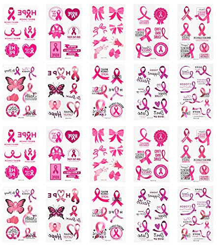 WANDIC 20 feuilles d'autocollants de tatouage de ruban rose, tatouages temporaires pour la sensibilisation au cancer du sein pour la décoration de fête fournitures cadeau d'activité publique