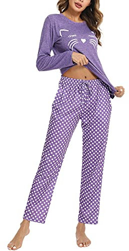 Uniexcosm Pigiama per Donna Pigiama Donna Cotone Lungo Leggero Gatto Girocollo Maniche Lunghe Pigiama Due Pezzi Donna a Tasche Laterali Gatto-Viola L