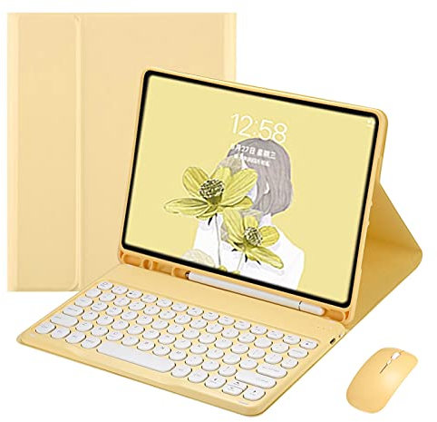 Keyboard Case Mouse for iPad 9th 8th 7th Generation 10.2 inch, Air 3rd Gen, iPad Pro 10.5 inch Case with Cute Round Key Bluetooth Detachable Color Keyboard Cover (Yellow)