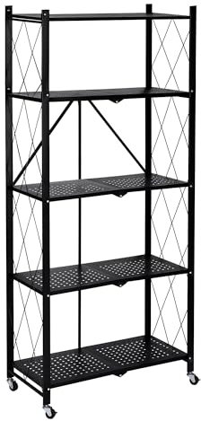 Estantería Plegable de Metal con Ruedas | Mueble Organizador con 5 estantes Resistentes y Estructura Reforzada | Diseño portátil, fácil de Montar y versátil para Cocina, Oficina, Garaje o Dormitorio